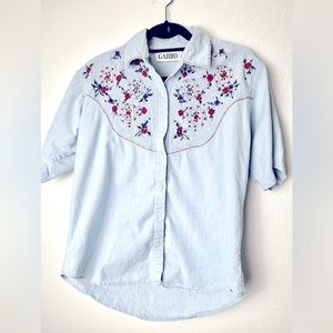 Garbo Red Floral Embroidered Button Up Collared Cottage Core/Western/Cowgirl.Med
